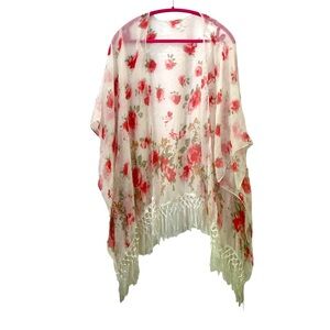 White Ruana Fringed Wrap‎ With Pink Roses and White Fringe